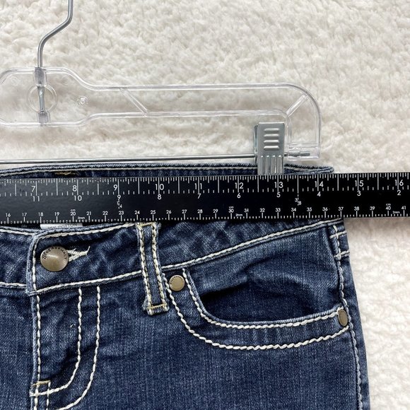 Y2K 2000s Low Rise Bootcut Flare Jeans Womens 6 27 Dark Wash Contrast Stitching - Picture 5 of 9